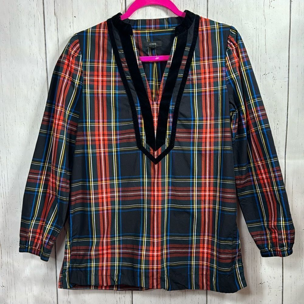 J.Crew Plaid Velvet Trim Blouse Preppy Holiday Classic Academia Chic Layering